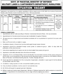Military lands and Cantonments Department Rawalpindi is hiring individuals for the post of UDC bs-11 from all over Pakistan  
