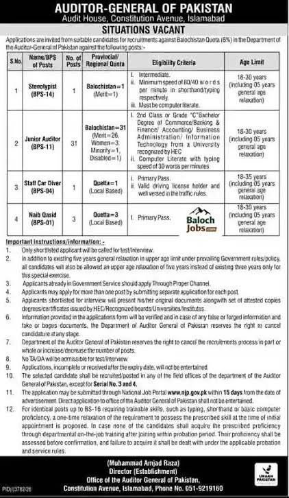 Auditor General of Pakistan Junior Auditor Jobs 2026 Last Date 10 November